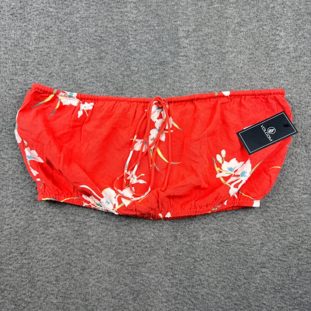 Volcom Retro Resort Top Women's Large Red Floral Bandeau Strapless Crop Top‎ NWT